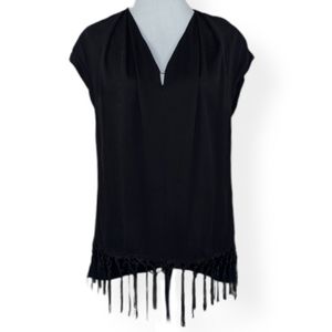 Etcetera Fringed Tassels Hem V-Neck Top Size 8